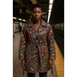 Joe Browns colorful graffiti stars Notched Collar Cocktail Trench Coat size 10